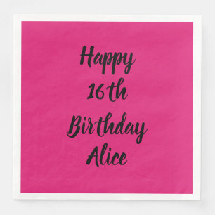 Guardanapo De Papel De Jantar Feliz 16.º aniversário, Pink Black Name Girly