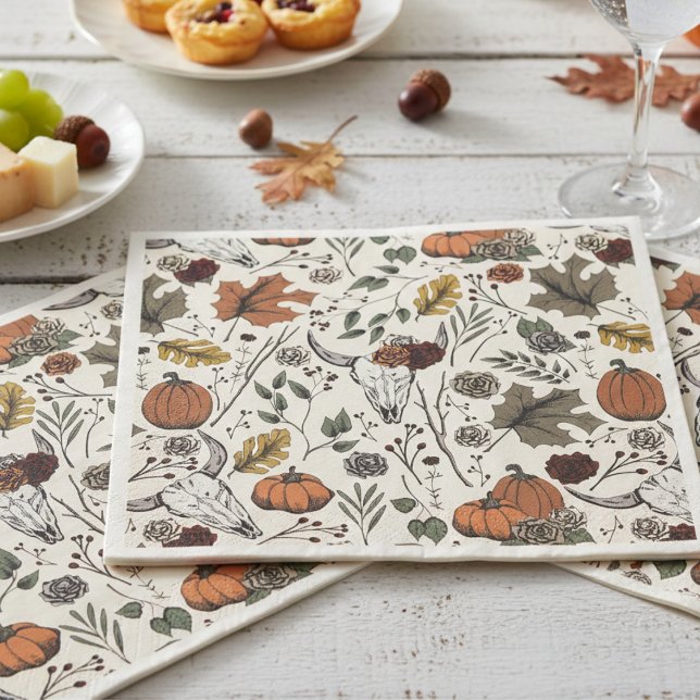 Guardanapo De Papel De Jantar Feliz Dia de Ação de Graças - Colheita de Vaca (Elegant Cream Fall Cow Skulls Thanksgiving Paper Napkins. Unique Rustic Pumpkins, Autumn Leaves)