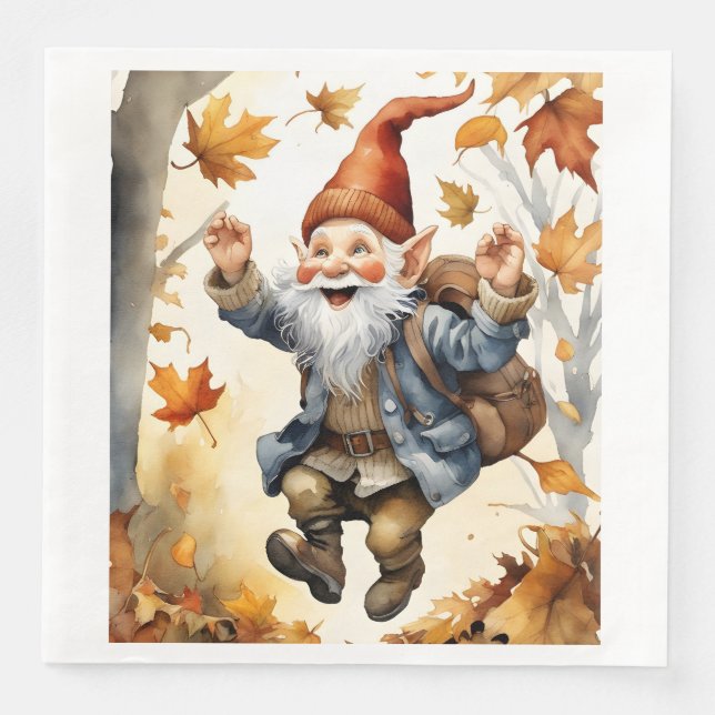 Guardanapo De Papel De Jantar Feliz Jumping Gnome em Folhas de Queda (Frente)