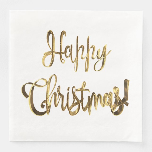 Guardanapo De Papel De Jantar Feliz Natal Elegante Branco Chic e Dourado Texto (Frente)