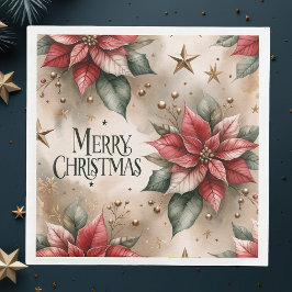 Guardanapo De Papel De Jantar Feliz Natal, Poinsettia Vermelha e Dourada
