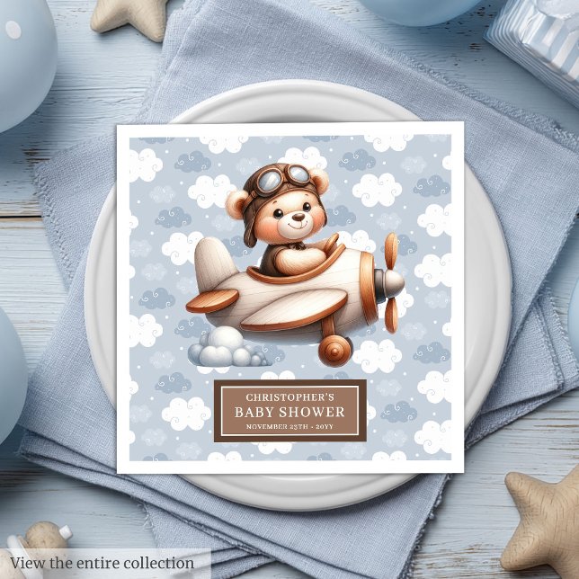 Guardanapo De Papel De Jantar Festa-Piloto do Bebê-Menino Personalizado (Personalized Baby Boy Teddy Bear Pilot Party Paper Dinner Napkins)