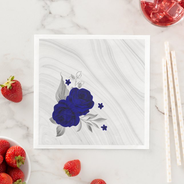 Guardanapo De Papel De Jantar flores azul royal folhas prata mármore (Insitu)