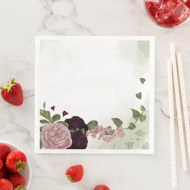 Guardanapo De Papel De Jantar flores rosa e cabernet verde (Insitu)