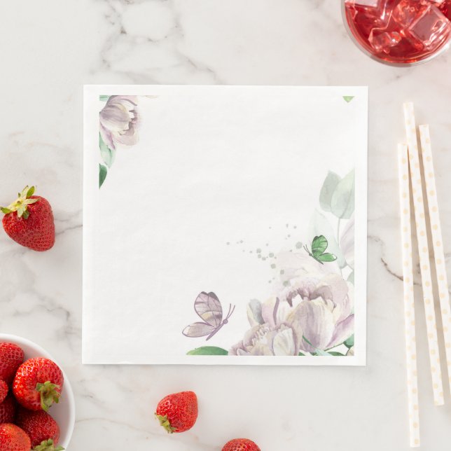 Guardanapo De Papel De Jantar flores roxas folhas verdes borboletas papel dançar (Insitu)