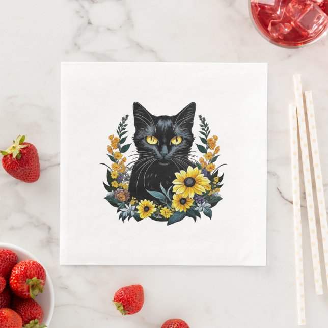 Guardanapo De Papel De Jantar gato preto com flores (Insitu)