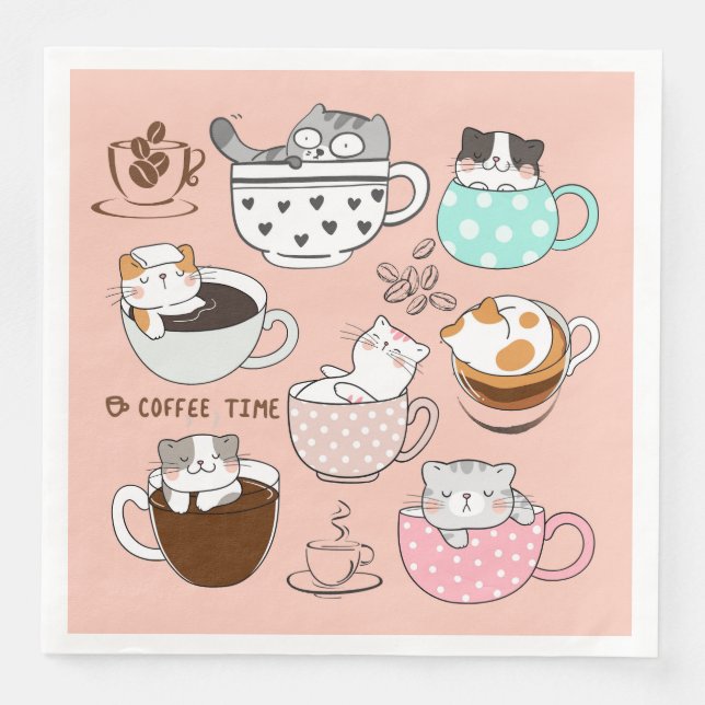 Guardanapo De Papel De Jantar Gatos em Xícaras de Café (Frente)