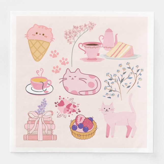 Guardanapo De Papel De Jantar Gatos Rosa de Chá da Tarde (Frente)