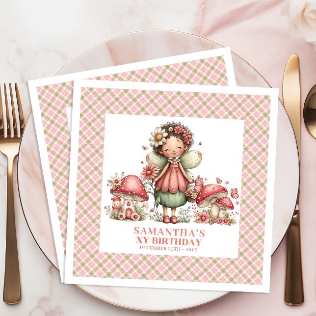 Guardanapo De Papel De Jantar Guardanapo de Aniversário Rosa Flores de Fada Capr (Whimsical Fairy Pink Flowers Blush Birthday Napkins)