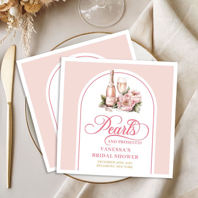 Guardanapo De Papel De Jantar Guardanapo de Chá de Panela Rosa Velado e Pérolas  (Elegant Blush and Gold Pearls Bridal Shower Napkin)