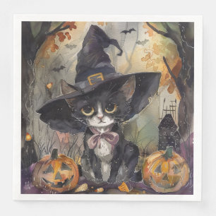 Guardanapo De Papel De Jantar Halloween de Gato Preto de Aquarela para o Partido