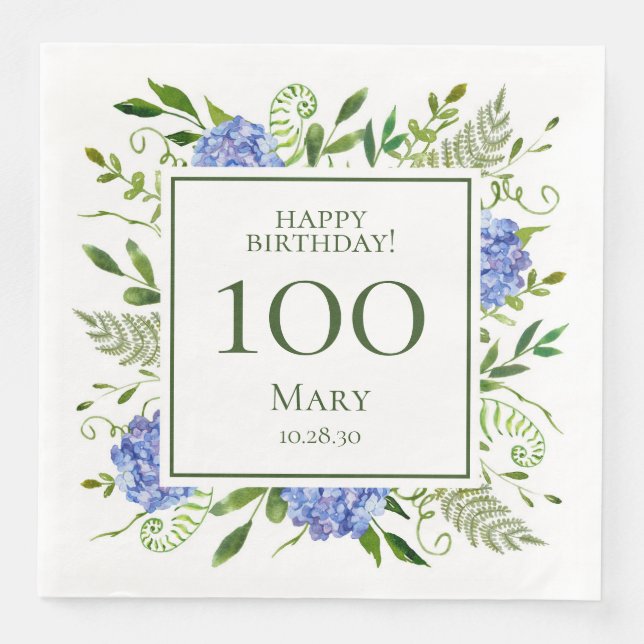 Guardanapo De Papel De Jantar Hortênsias Azuis de Aniversário de 100 anos (Frente)