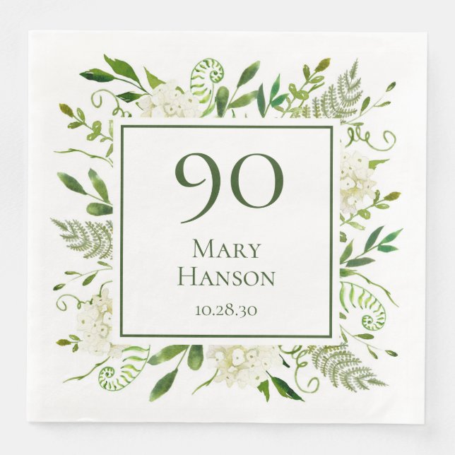 Guardanapo De Papel De Jantar Hortênsias Brancas de Aniversário de 90 Anos (Frente)