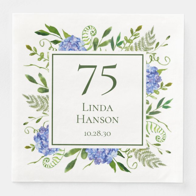 Guardanapo De Papel De Jantar Hydrangeas Azuis para 75º Aniversário (Frente)