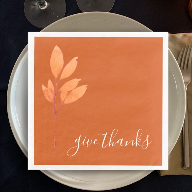 Guardanapo De Papel De Jantar Laranja Queimada Que Dá Graças Aos Obrigados (Burnt orange original watercolor painting Thanksgiving dinner napkins. Elegant Give Thanks script.)