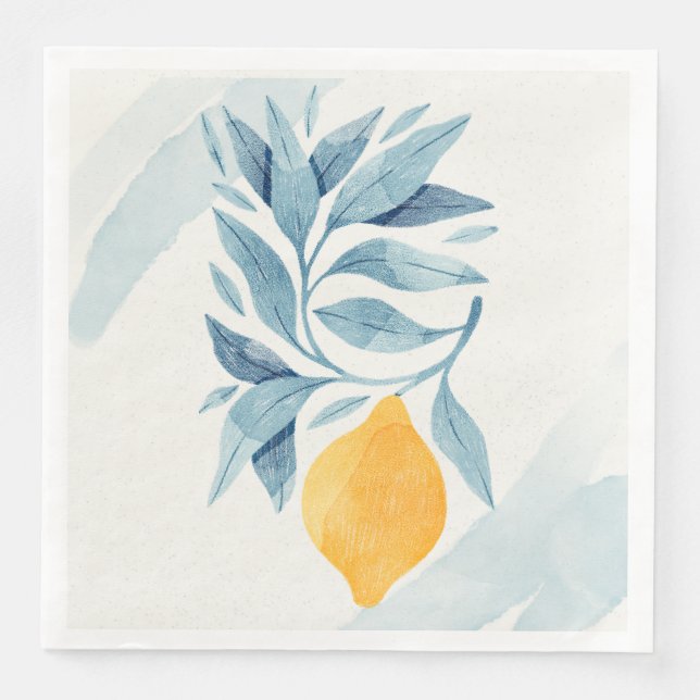 Guardanapo De Papel De Jantar Limão com ilustração botânica das folhas azuis (Frente)