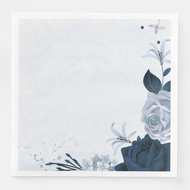 Guardanapo De Papel De Jantar Lindas flores e folhas azuis marinhos (Frente)