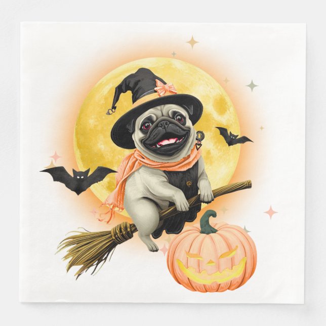 Guardanapo De Papel De Jantar Louco Feliz Halloween Pug Andando por uma vassoura (Frente)