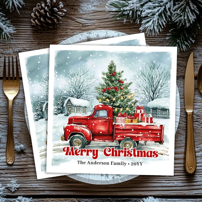 Guardanapo De Papel De Jantar Lovely red truck Christmas scene rustic napkin set (Lovely red truck Christmas scene rustic napkin set)