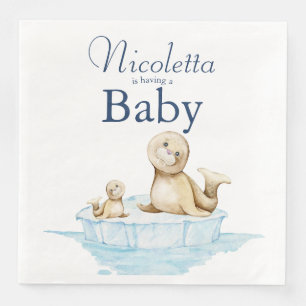 Guardanapo De Papel De Jantar Mamãe e Baby Seal Pup no Chá de fraldas de inverno