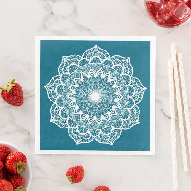 Guardanapo De Papel De Jantar Mandala Branco em Fundo Azul (Insitu)