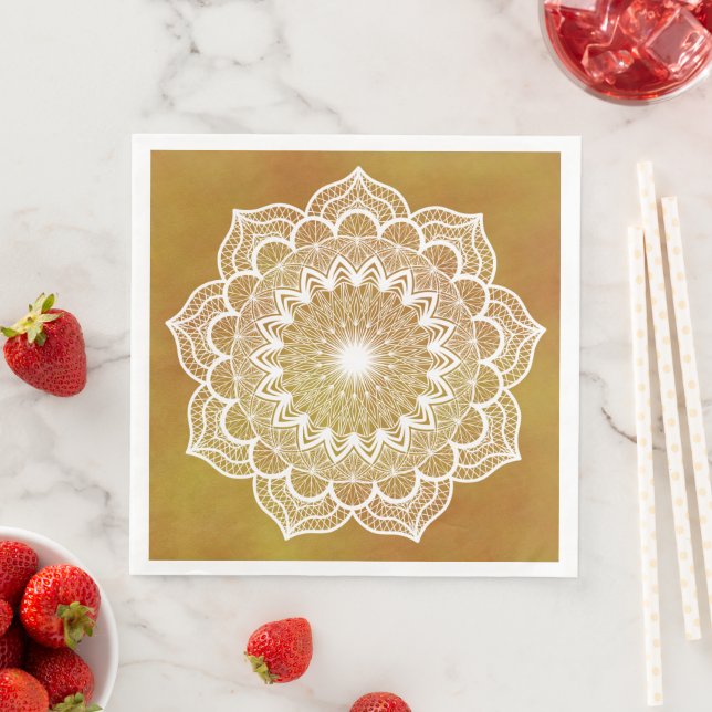Guardanapo De Papel De Jantar Mandala Branco em Fundo Dourado (Insitu)