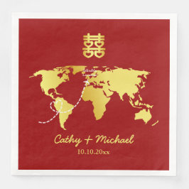 Guardanapo De Papel De Jantar Mapa de destino vermelho e dourado casamento chinê