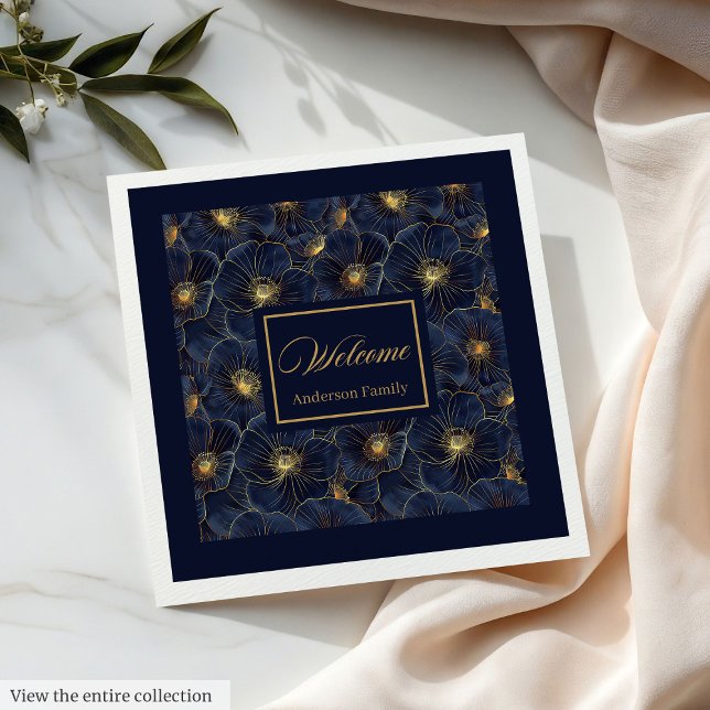 Guardanapo De Papel De Jantar Marinho Dourado Flor Napkins Estilo de Monograma M (Navy Gold Flower Napkins Modern Monogram Style)