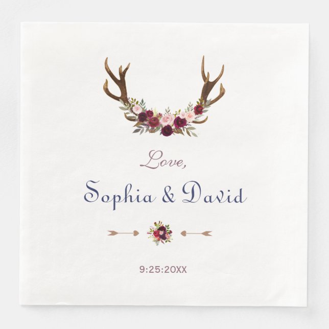 Guardanapo De Papel De Jantar Marsala Floral Antlers Marinho Casamento outono Az (Frente)