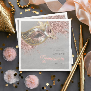 Guardanapo De Papel De Jantar Mascarada Mask Quinceanera Rosa Dourado ID1031