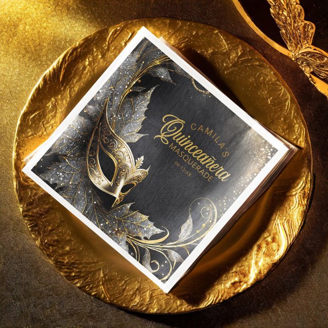Guardanapo De Papel De Jantar Mascarada Quinceañera Welcome Black Dourado ID1031 (Criador carregado)