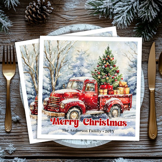 Guardanapo De Papel De Jantar Minimal red truck Christmas scene rustic napkins (Minimal red truck Christmas scene rustic napkins)