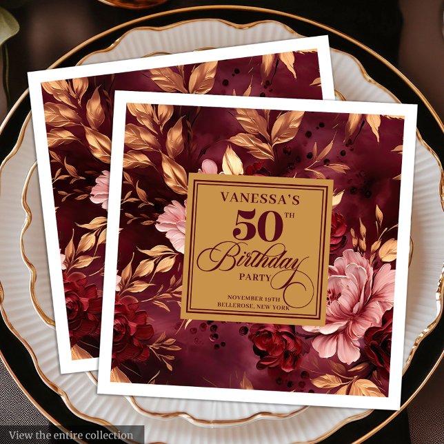 Guardanapo De Papel De Jantar Modern Boho Maroon Blush Dourado 50º Aniversário N (Modern Boho Maroon Blush Gold 50th Birthday Napkin)