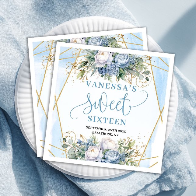 Guardanapo De Papel De Jantar Modern Sweet 16th Dusty Blue Gold Frame Party  (Modern Sweet 16th Dusty Blue Gold Frame Party Napkin)