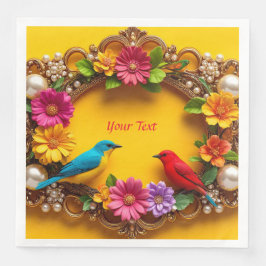 Guardanapo De Papel De Jantar Moldura Floral Colorida com Pássaros Vibrantes