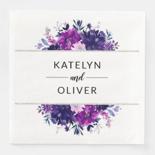 Guardanapo De Papel De Jantar Monograma roxo e de prata floral do casamento do