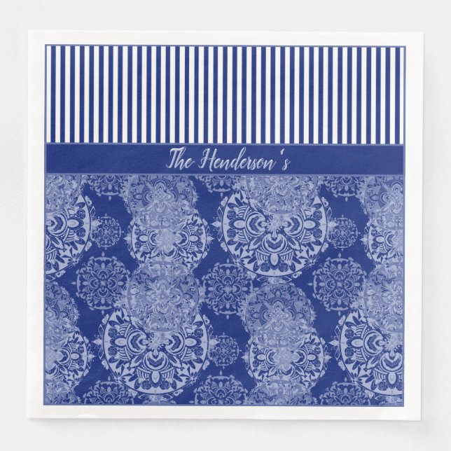 Guardanapo De Papel De Jantar Monogramas Boho Moody Blues Mandalas e Stripes (Frente)