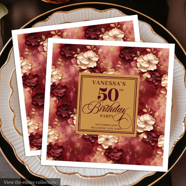 Guardanapo De Papel De Jantar Na moda Boho Merlot Blush Dourado 50º Aniversário (Stylish Boho Merlot Blush Gold 50th Birthday Paper Dinner Napkins)