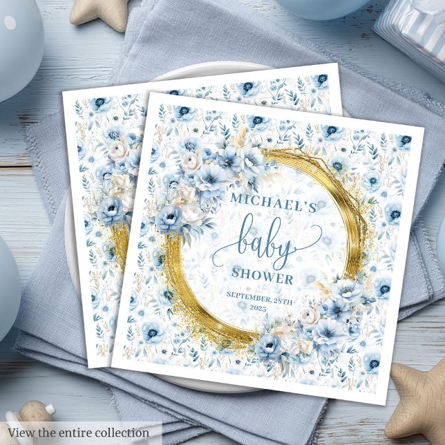 Guardanapo De Papel De Jantar Na moda Pastel Azul Chá de fraldas Dourado Napkins (Stylish Pastel Blue Gold Baby Shower Napkins

)