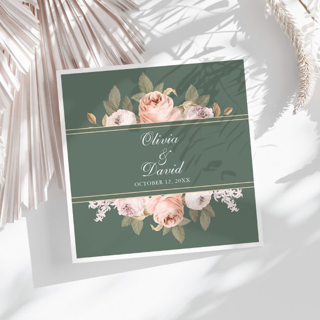 Guardanapo De Papel De Jantar Noivas Boho Peônias Verde Sage (Boho Sage Green Peonies Wedding Paper Dinner Napkins on a sunny white table.)