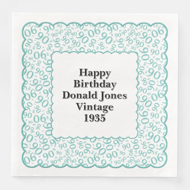Guardanapo De Papel De Jantar Números de Aniversário do 90 Scallops Teal/White (Frente)
