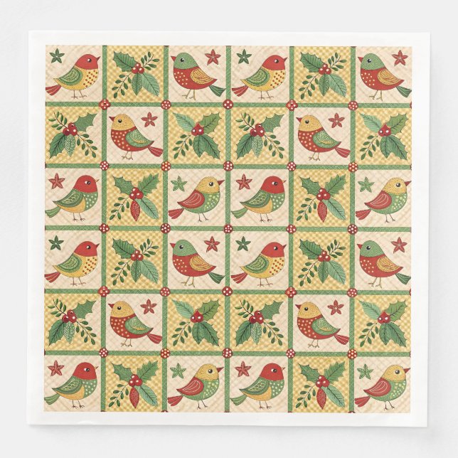Guardanapo De Papel De Jantar Padrão de Pássaro de Natal com Folhas de Azevinho  (Frente)
