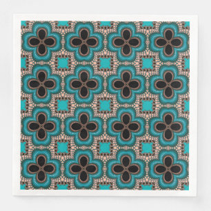 Guardanapo De Papel De Jantar Padrão Geométrico Floral do Marrocos Teal Tan Blac