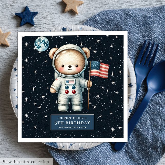 Guardanapo De Papel De Jantar Partido Espacial Personalizado do Astronauta Ursin (Personalized Teddy Astronaut Napkins Space Party Fun)
