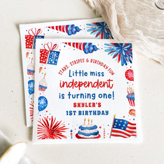 Guardanapo De Papel De Jantar Pequena Miss Independente 4 de julho primeiro aniv (Little Miss Independent 4th of July 1st Birthday Paper Dinner Napkins)