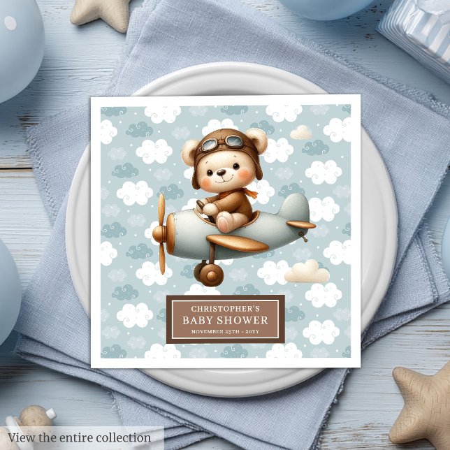 Guardanapo De Papel De Jantar Piloto de Urso de Teddy Bonito Napkins Celebração  (Cute Teddy Bear Pilot Napkins Baby Boy Celebration)