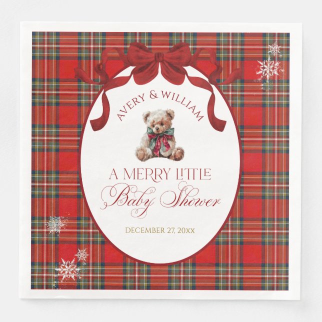 Guardanapo De Papel De Jantar Plaid de Natal com Laço Vermelho Alegre (Frente)
