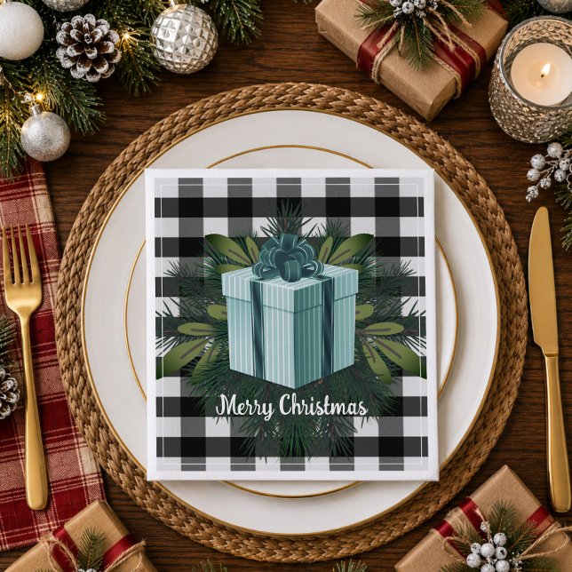 Guardanapo De Papel De Jantar Presente de Natal Xadrez de Búfalo | Turquesa (Teal Buffalo Plaid Christmas Gift Paper Napkins)