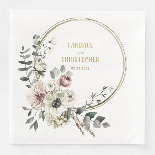 Guardanapo De Papel De Jantar Quadro Dourado Floral Branco Elegante Eucalyptus B (Frente)