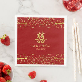 Guardanapo De Papel De Jantar Red gold floral border chinese casamento duplo xi